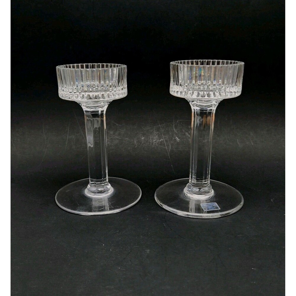 Illusions Pair of 2 Crystal Candle Holders 24% Lead Handcut Crystal Vntg READ